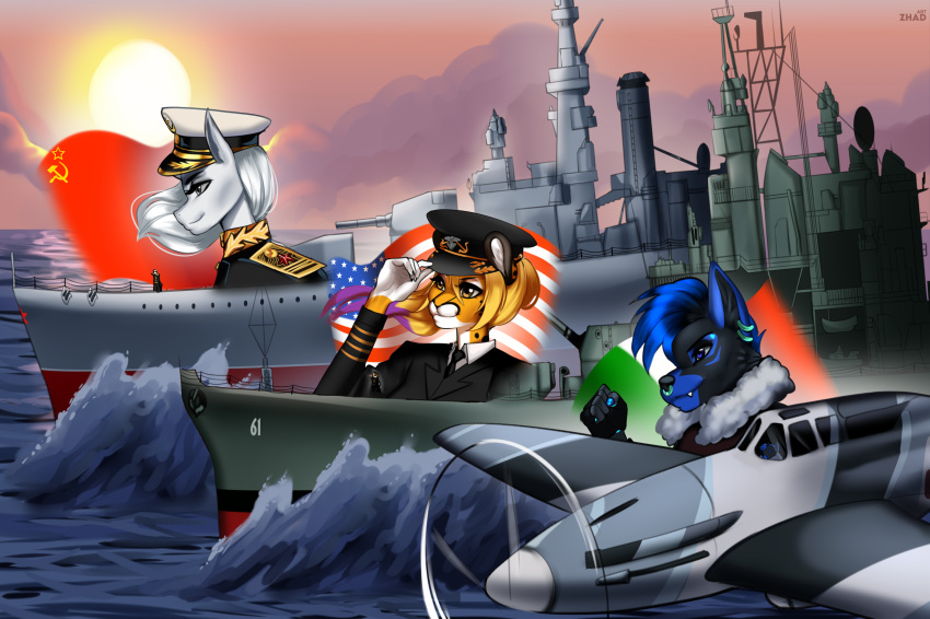 adele admiral aircraft airplane anthro battle battleship canid canine cheetah clothing digital_media_(artwork) equid equine felid feline female female/female group hair hat headgear headwear hi_res horn horse italy luxie_(luxiesafaia) male male/female mammal pony portait russian sailor sea ship soviet_union trio unicorn uniform united_states_of_america upset vehicle warship water watercraft zhadart