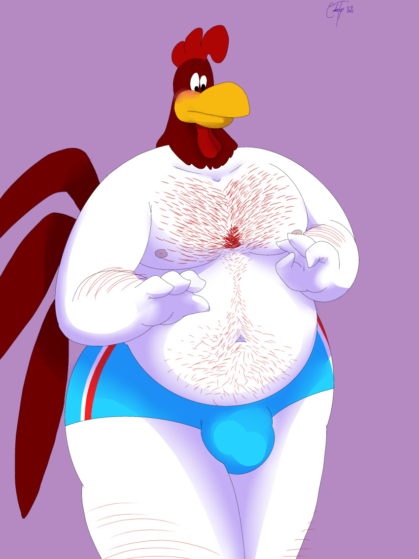 absurd_res anthro avian avian_caruncle beak belly bird blush body_hair cake_top chest_hair chicken clothing comb_(anatomy) dewlap_(anatomy) digital_media_(artwork) foghorn_leghorn galliform gallus_(genus) head_crest hi_res leghorn_chicken looney_tunes male musclegut nipples overweight overweight_male phasianid simple_background solo thick_thighs warner_brothers wattle