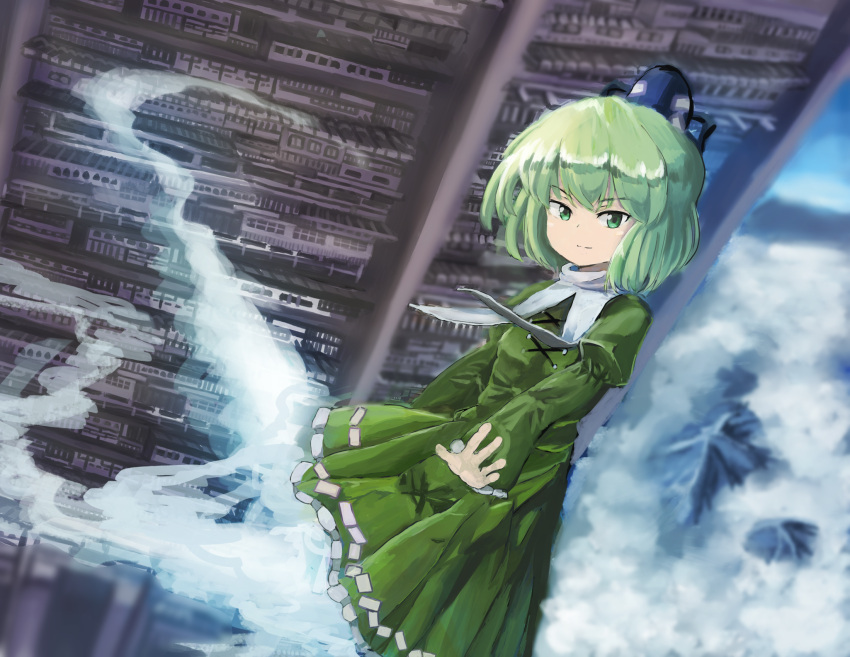 1girl black_headwear breasts closed_mouth cloud commentary_request cross-laced_clothes divine_spirit_mausoleum dress full_body ghost_tail green_dress green_eyes green_hair hat highres juliet_sleeves long_sleeves looking_at_viewer medium_bangs ofuda ofuda_on_clothes puffy_sleeves sensi_tobikage short_hair small_breasts smile soga_no_tojiko solo tate_eboshi touhou