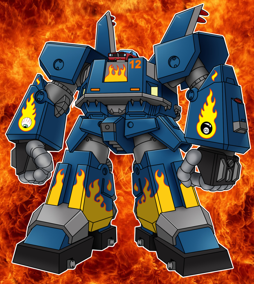 car chibi clenched_hands concept_art crossover english_commentary flame_print ford_mustang highres light mecha megas_xlr megas_xlr_(mecha) motor_vehicle muscle_car no_humans official_style photo_background robot science_fiction sketch solo super_robot super_robot_wars tire type_x western_comics_(style)