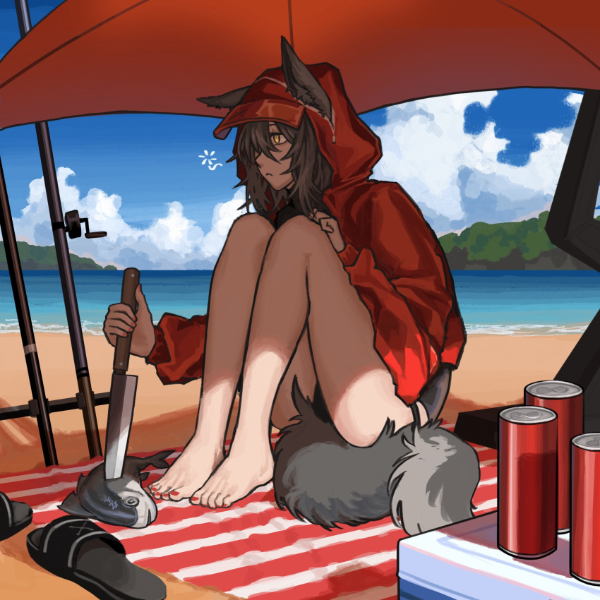 1girl animal_ears arknights beach beach_towel beach_umbrella black_footwear black_one-piece_swimsuit blue_sky can cloud cooler ears_through_headwear fish fishing_rod grey_hair hair_between_eyes highres holding holding_knife hood hood_up hooded_jacket impaled jacket knees_up knife long_sleeves looking_afar nail_polish ocean one-piece_swimsuit outdoors planted planted_umbrella projekt_red_(arknights) projekt_red_(light_breeze)_(arknights) red_jacket red_nails sand sandals sandals_removed sitting sky sleep_bubble solo swimsuit tail toenail_polish toenails towel umbrella water wolf_ears wolf_girl wolf_tail yellow_eyes yuec202108