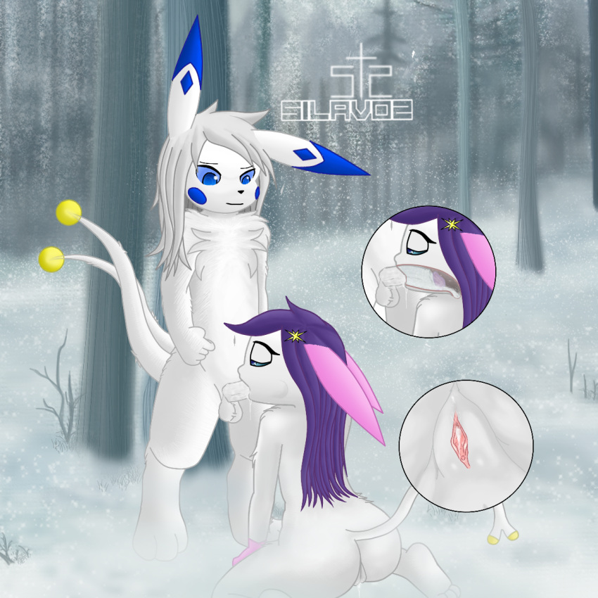 anthro blue_cheeks blue_ears blue_eyes bodily_fluids cum cum_drip cum_in_mouth cum_in_pussy cum_inside cum_on_pussy deep_throat drinking drinking_cum dripping duo erection fellatio female fog foggy_background forest forest_background fur genital_fluids genitals grey_hair hair hi_res kneeling lagomorph male male/female mammal melee_weapon nature nature_background navel oral penile penis pink_ears plant purple_hair pussy sex shivaa_snow silavos silavos_snow smile snow sucking sword tail tree watermark weapon white_body white_fur x-ray_vision