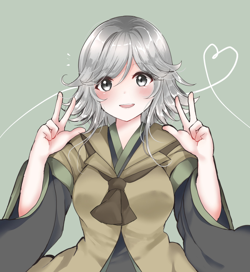 1girl absurdres ascot black_kimono breasts brown_ascot brown_coat coat commentary_request genderswap genderswap_(otf) green_background grey_eyes grey_hair hands_up heart heart_of_string highres houlen_yabusame japanese_clothes kimono large_breasts layered_sleeves len'en long_sleeves looking_at_viewer open_mouth ougi_hina short_hair_with_long_locks short_over_long_sleeves short_sleeves simple_background smile solo upper_body