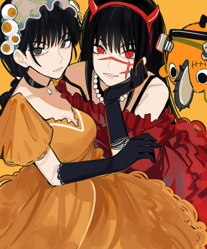 2girls absurdres black_eyes black_hair chainsaw_man choker demon_horns dress flower hair_flower hair_ornament halloween hand_on_own_face highres horns jewelry looking_at_viewer mitaka_asa multiple_girls necklace orange_dress pochita_(chainsaw_man) red_dress ringed_eyes sailen0 yoru_(chainsaw_man)