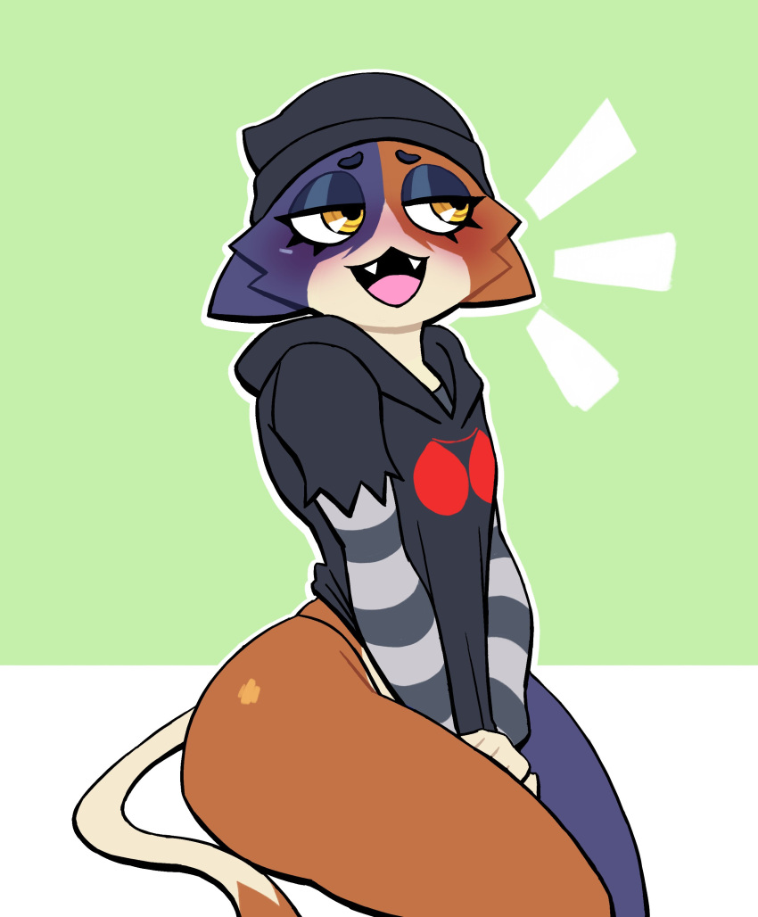 absurd_res anthro beanie blush calico_cat clothing covering domestic_cat epic_games felid feline felis female fortnite hand_holding hat headgear headwear hi_res hoodie humanoid lovetopullmicke mammal meow_skulls_(fortnite) pantsless shy solo stripes tail talking_to_another thick_thighs topwear