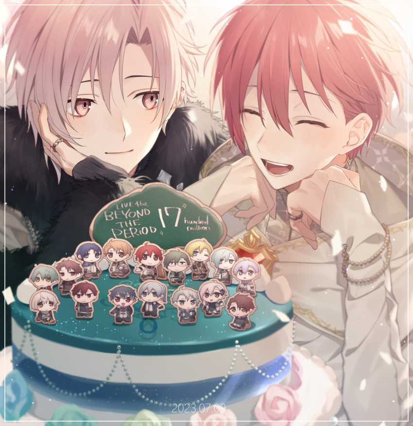 2boys aiue_o_eiua black_jacket cake cloak closed_eyes closed_mouth food fur-trimmed_jacket fur_trim head_rest highres hood hood_down idolish7 inumaru_toma isumi_haruka izumi_iori izumi_mitsuki jacket jewelry kujou_tenn male_focus mido_torao momo_(idolish7) multiple_boys nanase_riku natsume_minami nikaido_yamato open_mouth osaka_sougo pink_eyes pink_hair red_hair ring rokuya_nagi siblings smile tsunashi_ryuunosuke twins white_background white_cloak yaotome_gaku yotsuba_tamaki yuki_(idolish7)