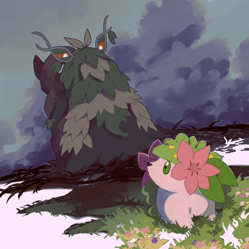 cloud cloudy_sky flower grass green_eyes highres leaf looking_at_another no_humans orange_eyes outdoors pink_flower pokemon pokemon_(creature) shaymin shaymin_(land) sky v_(govvvvw) wo-chien