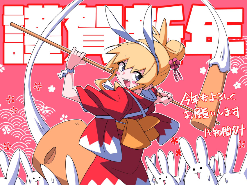 1girl animal_ears blonde_hair blush_stickers chinese_zodiac fake_animal_ears food hair_bun highres holding japanese_clothes kimono kine mallet mochi new_year obi open_mouth original rabbit rabbit_ears red_kimono sash sharp_teeth simple_background single_hair_bun sweat tasuki teeth yachima_tana yachimata_kana year_of_the_rabbit