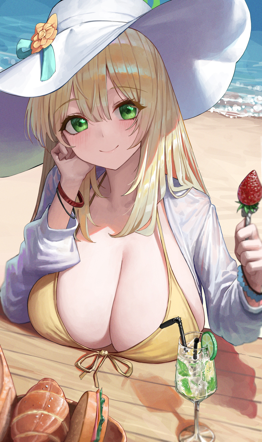 1girl absurdres beach bikini blonde_hair blue_archive blush bracelet breasts cleavage closed_mouth food fork fruit green_eyes highres hwan_(verypoor) jewelry large_breasts large_hat long_hair long_sleeves looking_at_viewer nonomi_(blue_archive) nonomi_(swimsuit)_(blue_archive) outdoors sandwich shirt smile solo strawberry swimsuit table water white_headwear white_shirt yellow_bikini
