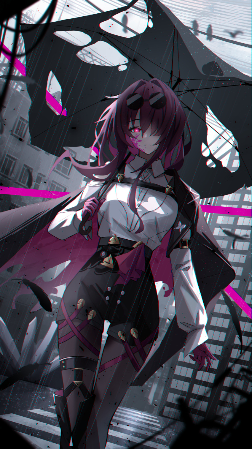 1girl absurdres black_cape black_pantyhose black_shorts black_umbrella blood blood_on_face building cape closed_mouth collared_shirt commentary english_commentary essukaa_(e-su) eyewear_on_head gloves hair_intakes hair_over_one_eye high-waist_shorts highres holding holding_umbrella honkai:_star_rail honkai_(series) kafka_(honkai:_star_rail) long_hair long_sleeves looking_at_viewer one_eye_covered outdoors pantyhose pink_blood purple_eyes purple_gloves purple_hair rain road shirt shorts solo street sunglasses torn_cape torn_clothes torn_umbrella umbrella white_shirt