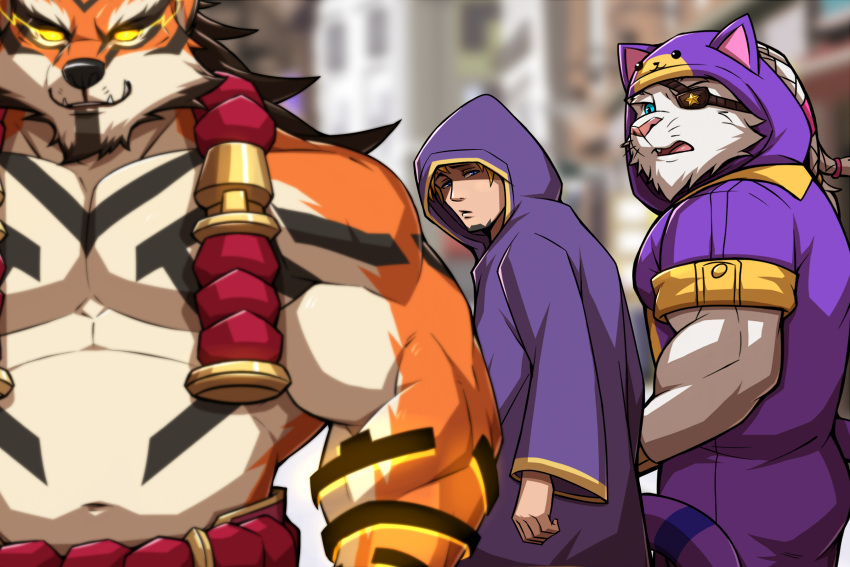 3:2 anthro bear biceps big_muscles clothed clothing drks felid fur hair hi_res humanoid league_of_legends lion looking_back male male/male mammal muscular muscular_anthro muscular_male pantherine pecs polar_bear rengar_(lol) riot_games tiger ursine volibear white_body white_fur