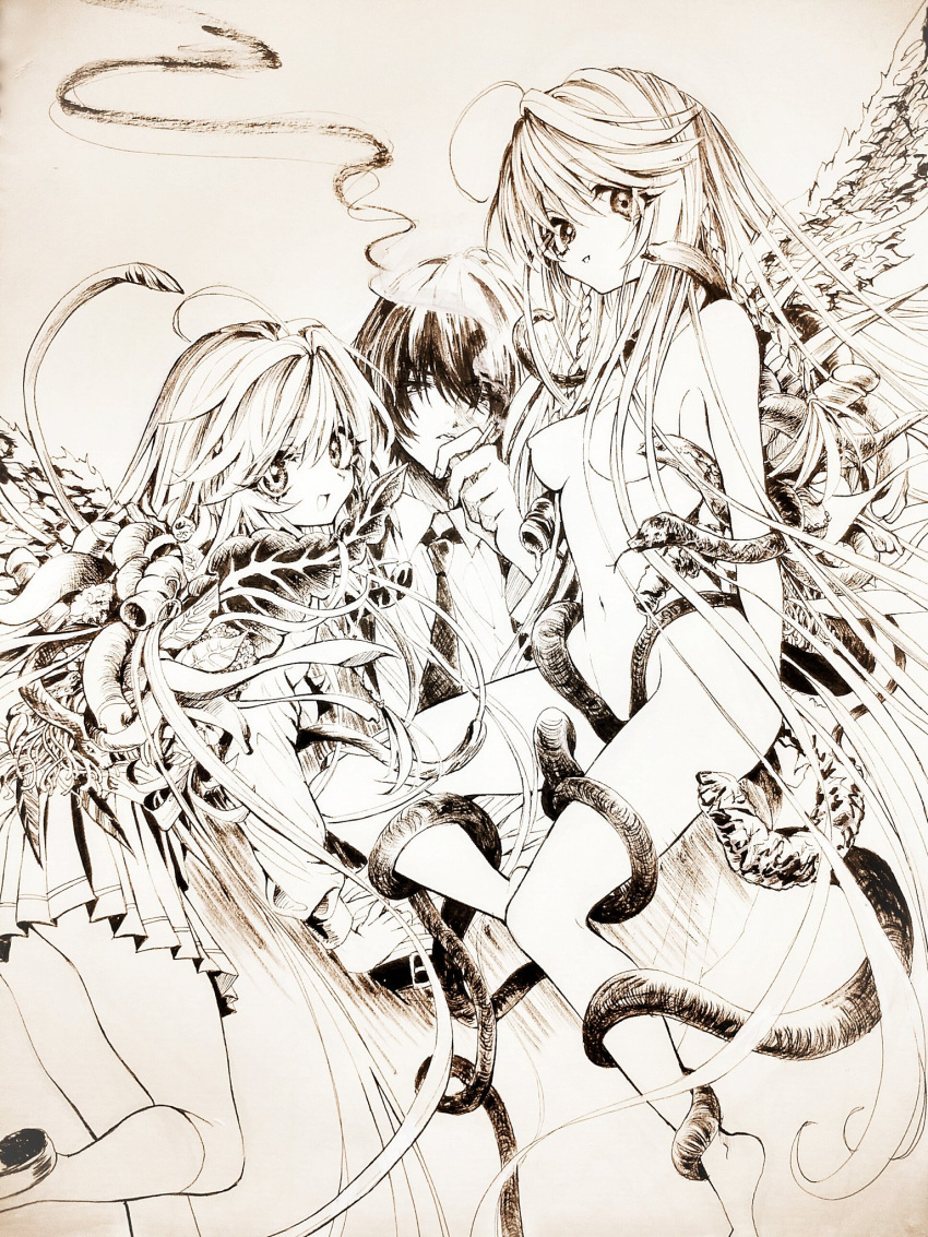 1boy 2girls absurdly_long_hair ahoge angel_wings aya_carmine body_horror braid breasts cigarette collared_shirt completely_nude dual_persona expressionless eyeball flower_wings formal greyscale highres hitomi_hirosuke_(sayonara_wo_oshiete) holding holding_cigarette kneehighs leaf_wings long_hair millipen_(medium) mismatched_wings monochrome multiple_girls necktie nude open_mouth plant_wings pleated_skirt sayonara_wo_oshiete shirt side_braids simple_background skirt small_breasts smile smoke smoking snake socks sugamo_mutsuki suit tendril tentacles traditional_media very_long_hair wings