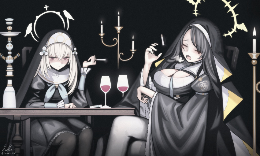 2girls alcohol black_hair blue_archive breasts candle candlestand chair cigarette cigarette_pack cleavage_cutout clothing_cutout coughing crossed_bangs crossed_legs cup drinking_glass grey_hair habit halo highres hinata_(blue_archive) holding holding_cigarette large_breasts long_hair looking_at_viewer multiple_girls nun purple_eyes sakurako_(blue_archive) sitting smoking table vialle wine wine_glass