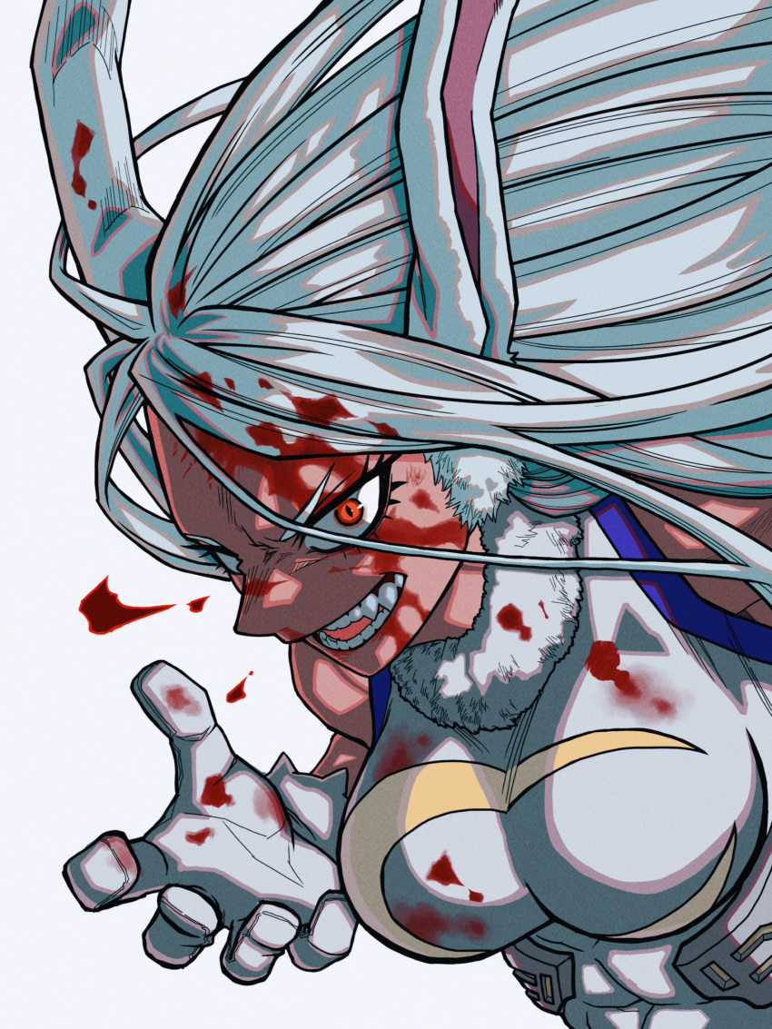 1girl animal_ears blood blood_in_hair blood_on_clothes blood_on_face blood_on_gloves boku_no_hero_academia breasts covered_abs crescent_print dark-skinned_female dark_skin fur_collar gloves highres hs061008 large_breasts leotard long_hair looking_at_viewer mirko open_hand parted_bangs rabbit_ears rabbit_girl red_eyes sleeveless_turtleneck_leotard smile solo taut_leotard teeth toned upper_body very_long_hair white_background white_gloves white_hair white_leotard