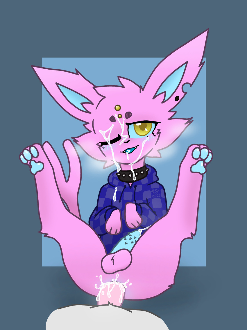 absurd_res alxdraws bodily_fluids clothing cum cum_in_ass cum_inside cum_on_face eeveelution espeon feral fur generation_2_pokemon genital_fluids genitals hi_res hoodie lee_(squishy) male male/male nintendo pawpads penile_spines penis pink_body pink_fur pokemon pokemon_(species) topwear