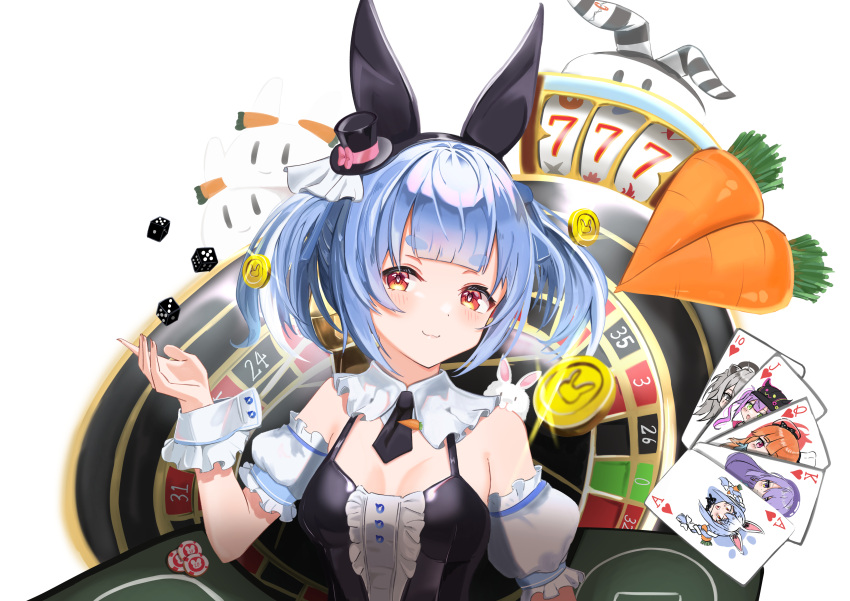 1girl absurdres animal_ears bare_shoulders bibi_(tokoyami_towa) black_headwear black_necktie black_shirt blue_hair breasts card carrot closed_mouth coin_hair_ornament commentary_request detached_collar detached_sleeves dice don-chan_(usada_pekora) fake_animal_ears hair_ornament hand_up hat highres hololive hololive_english hololive_indonesia looking_at_viewer mini_hat mini_top_hat moona_hoshinova moona_hoshinova_(1st_costume) necktie nousagi_(usada_pekora) playboy_bunny playing_card rabbit-shaped_pupils rabbit_ears red_eyes roulette_table shirt shishiro_botan short_hair short_necktie short_twintails simple_background siyara_amau slot_machine small_breasts smile solo symbol-shaped_pupils table takanashi_kiara takanashi_kiara_(1st_costume) thick_eyebrows tokoyami_towa tokoyami_towa_(1st_costume) top_hat twintails upper_body usada_pekora usada_pekora_(5th_costume) virtual_youtuber white_background wrist_cuffs