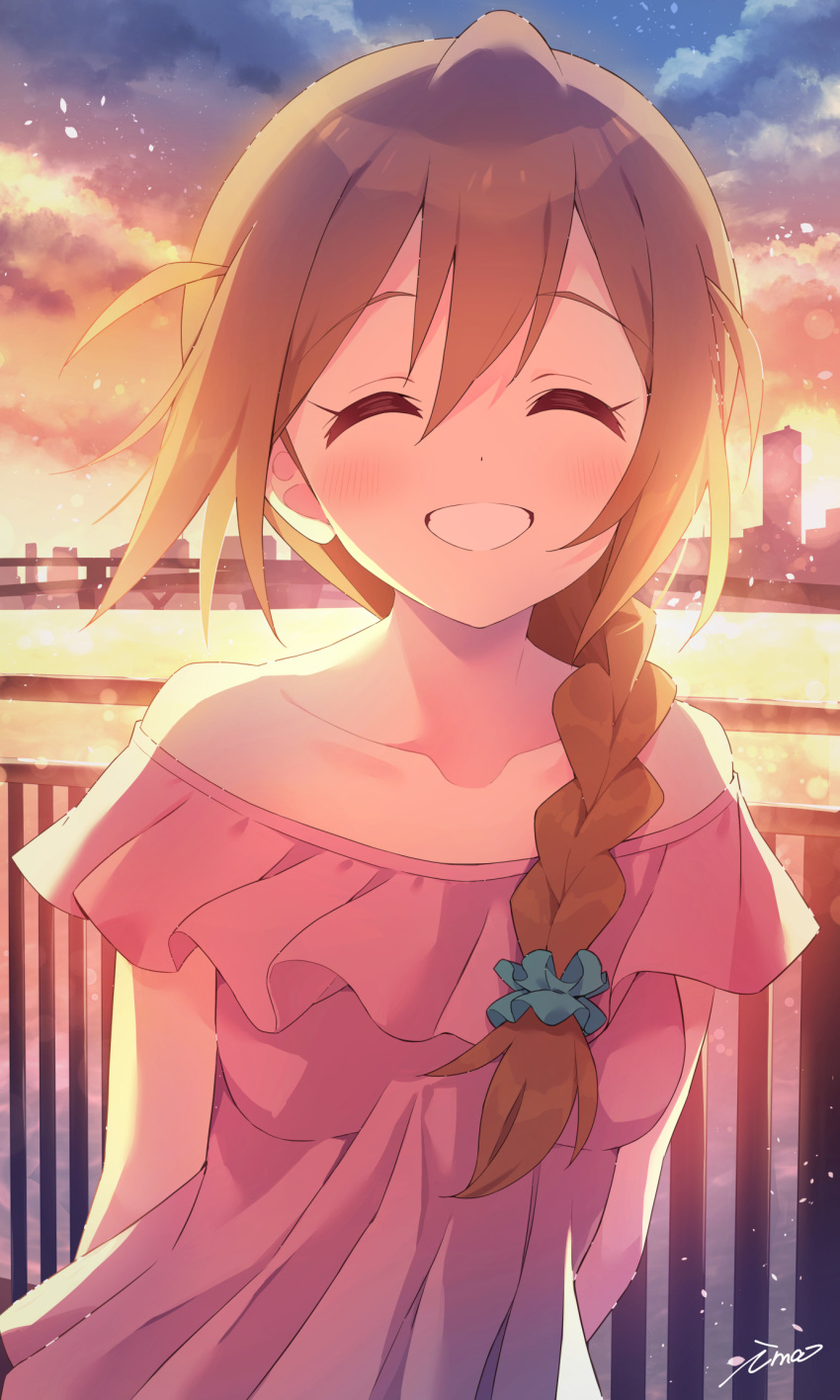 1girl aqua_scrunchie arms_behind_back baba_konomi bare_shoulders braid breasts bridge brown_hair building city closed_eyes cloud collarbone commentary dot_nose facing_viewer fence frilled_shirt frills gradient_sky hair_between_eyes hair_ornament hair_scrunchie highres idolmaster idolmaster_million_live! ima_(lm_ew) light_blush long_hair off-shoulder_shirt off_shoulder pink_shirt river scrunchie shirt side_ahoge sidelocks signature sky small_breasts smile solo sunlight sunset upper_body