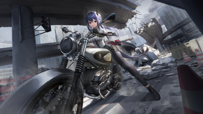 1girl absurdres arknights black_footwear black_gloves black_shorts blue_hair blue_leggings bridge building ch'en_(arknights) closed_mouth cloud english_commentary fingerless_gloves gloves highres horns leggings long_hair looking_at_viewer motor_vehicle motorcycle on_motorcycle outdoors red_eyes shirt shoes shorts sitting solo traffic_cone traffic_light wa_(user_snch2757) white_shirt