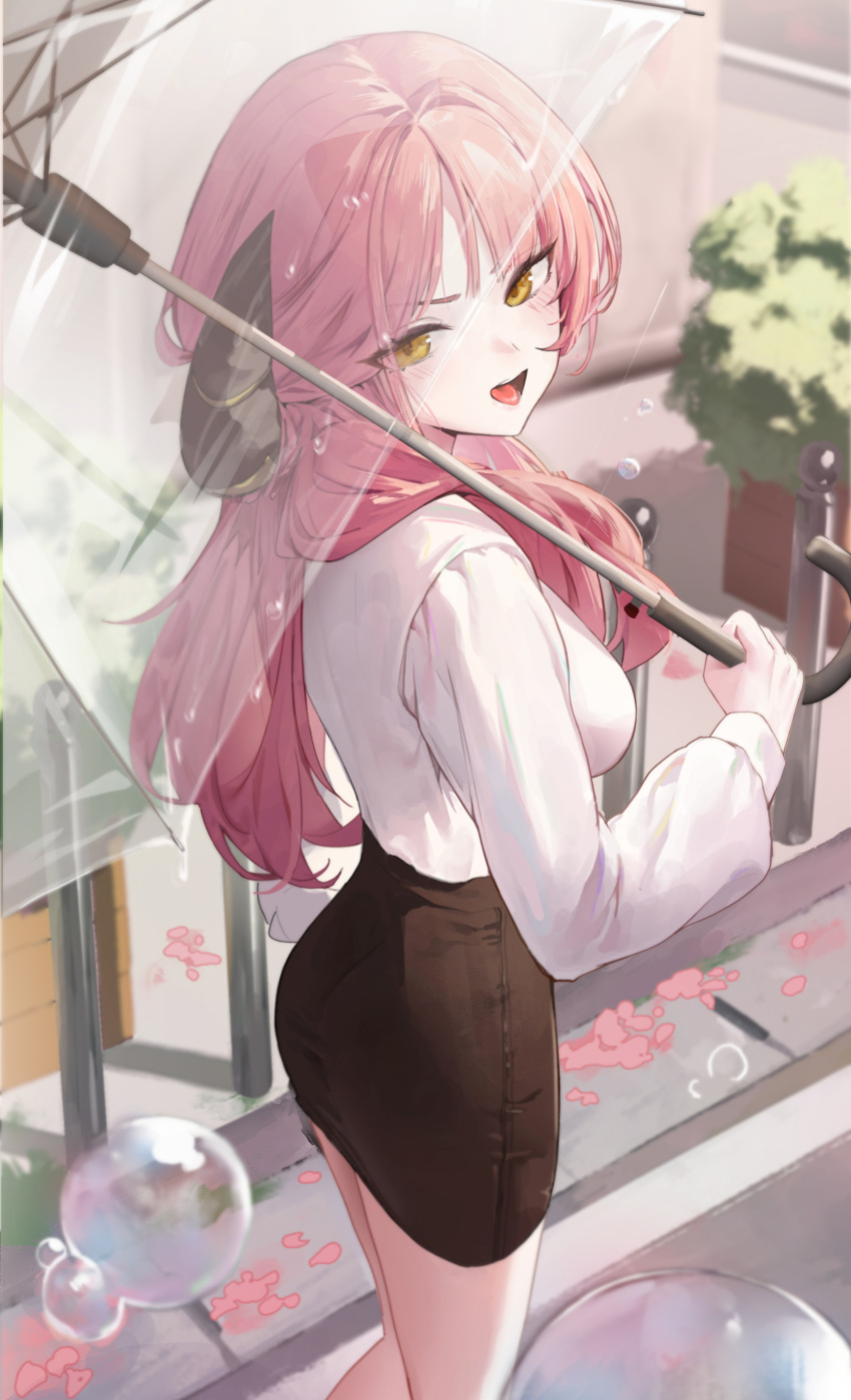 1girl absurdres aru_(blue_archive) black_horns black_skirt blue_archive blush breasts goowonjoon highres holding holding_umbrella horns large_breasts long_hair long_sleeves open_mouth pink_hair shirt skirt solo transparent transparent_umbrella umbrella white_shirt yellow_eyes