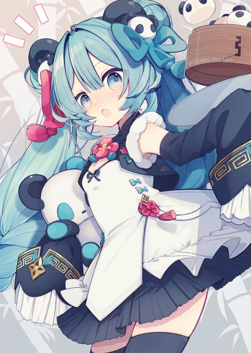 1girl absurdres animal_ears aqua_eyes aqua_hair black_thighhighs blush breasts china_dress chinese_clothes chuuko_anpu detached_sleeves dress hair_ornament hat hatsune_miku highres long_hair looking_at_viewer open_mouth panda rabbit rabbit_yukine skirt small_breasts thighhighs top_hat twintails very_long_hair vocaloid wide_sleeves