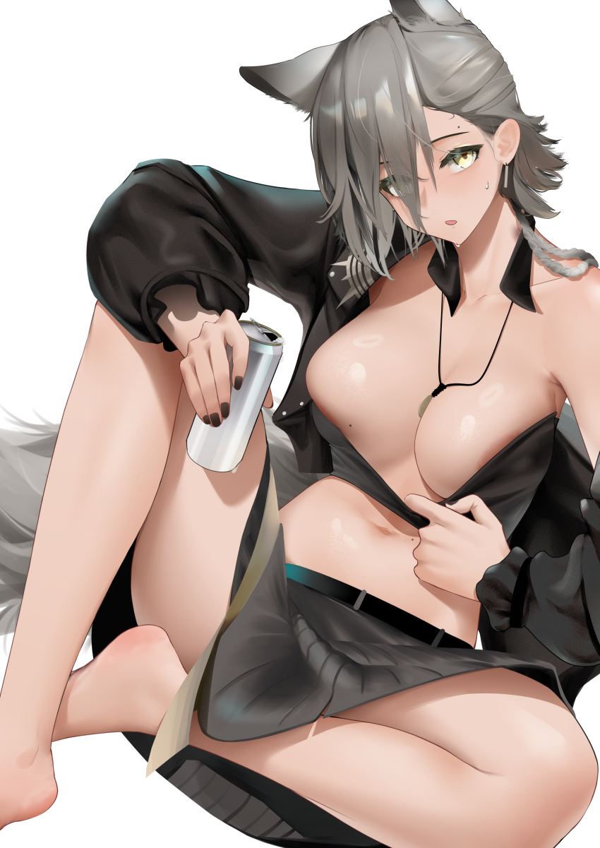 1girl absurdres animal_ears arknights black_jacket black_nails breasts can clothes_pull extra_ears grey_hair grey_skirt highres holding holding_can jacket jewelry looking_at_viewer medium_breasts mole mole_above_eye mole_on_breast nail_polish necklace open_clothes open_jacket parted_lips penance_(arknights) pleated_skirt short_hair sitting skirt solo sweatdrop tail vamjulian wolf_ears wolf_girl wolf_tail yellow_eyes