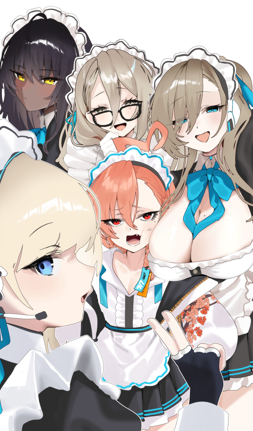 5girls absurdres ahoge akane_(blue_archive) apron aqua_bow aqua_bowtie asuna_(blue_archive) black_dress black_hair blonde_hair blue_archive blush bow bowtie breast_rest breasts breasts_on_head cleaning_&amp;_clearing_(blue_archive) cleavage collarbone dress fang fingerless_gloves frilled_apron frills gloves headset highres karin_(blue_archive) large_breasts light_brown_hair looking_at_viewer maid maid_headdress mole mole_on_breast multiple_girls neru_(blue_archive) orange_hair pecora_(udpf2448) pleated_skirt simple_background skirt smile toki_(blue_archive) v white_apron white_background