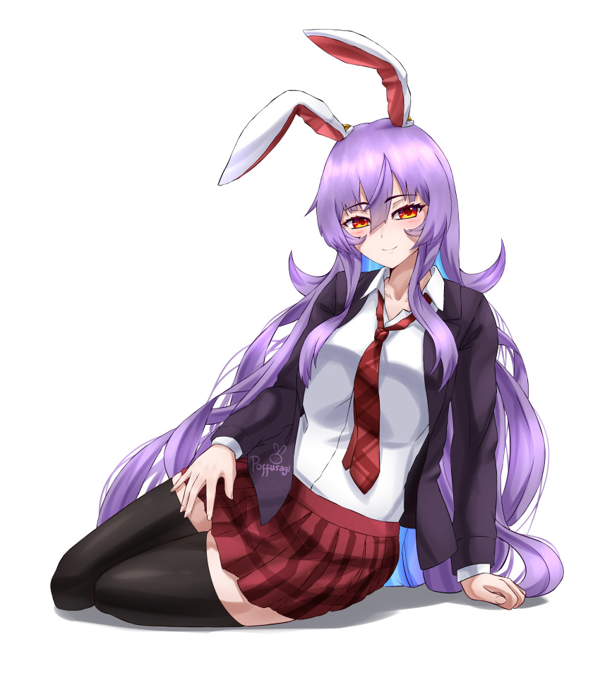 1girl absurdres black_jacket black_thighhighs blazer closed_mouth commentary full_body hair_between_eyes highres jacket long_hair long_sleeves looking_at_viewer lying necktie on_side poffusagi purple_hair red_eyes red_necktie reisen_udongein_inaba shirt signature simple_background smile solo thighhighs touhou very_long_hair white_background white_shirt