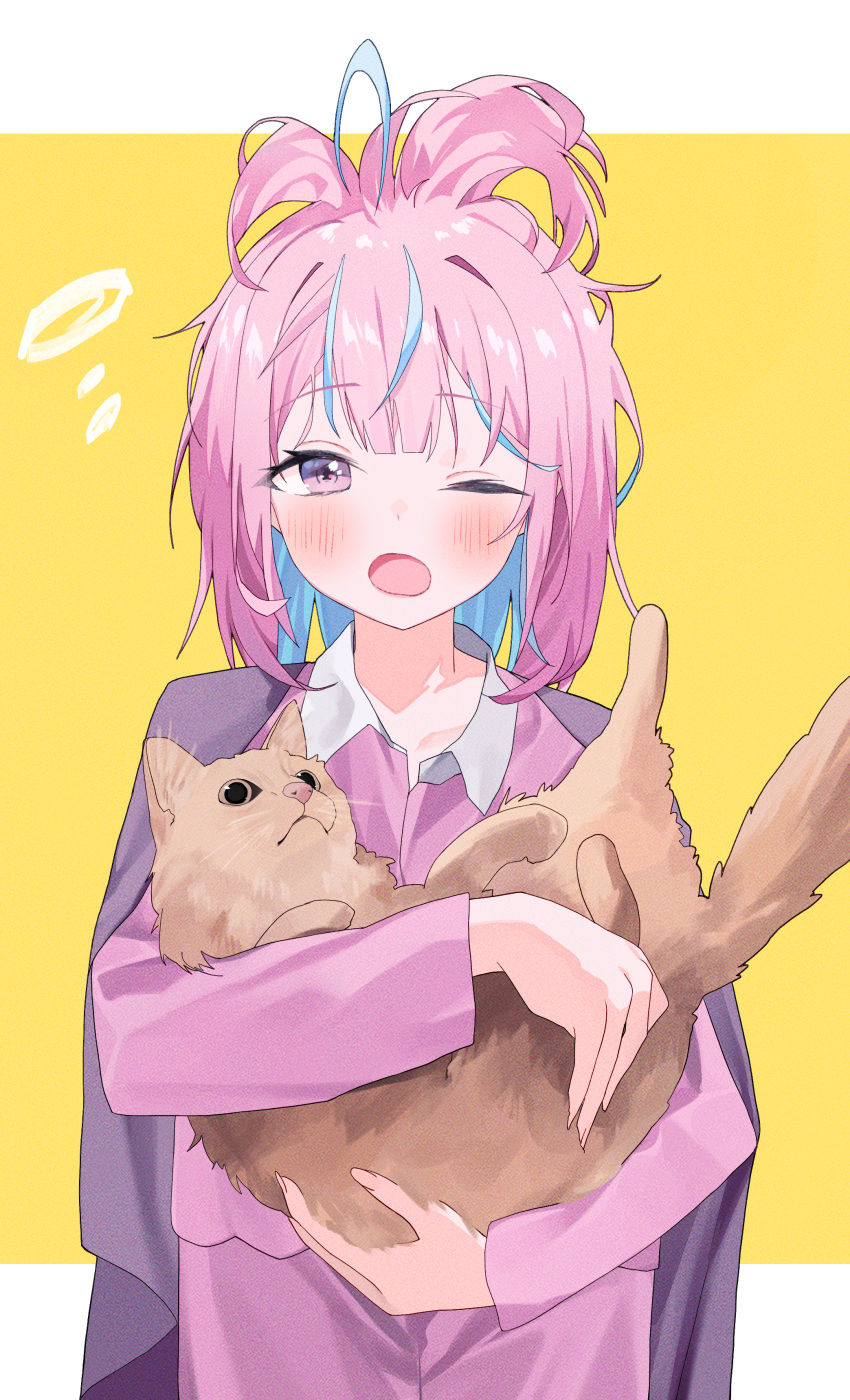 1girl absurdres animal blue_hair blush brown_cat cat collared_shirt colored_inner_hair commentary_request highres holding holding_animal holding_cat hololive long_sleeves looking_at_viewer medium_hair messy_hair minato_aqua multicolored_hair nel_dcm one_eye_closed open_mouth pants pink_hair pink_pants pink_shirt purple_eyes shirt simple_background solo straight-on streaked_hair virtual_youtuber yawning yellow_background
