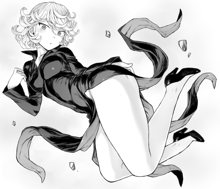 1girl :o breasts curly_hair dress full_body gradient_background grey_background greyscale hair_between_eyes legs looking_at_viewer medium_breasts mogudan monochrome one-punch_man shoes short_hair solo tatsumaki thighs