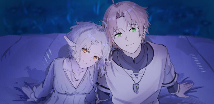 1boy 1girl absurdres ahoge black_shirt closed_mouth couple es_limi green_eyes highres husband_and_wife jewelry light_brown_hair mole mole_under_eye mushoku_tensei necklace night nightgown orange_eyes outdoors pointy_ears rudeus_greyrat shirt short_hair smile sylphiette_(mushoku_tensei) white_hair white_shirt