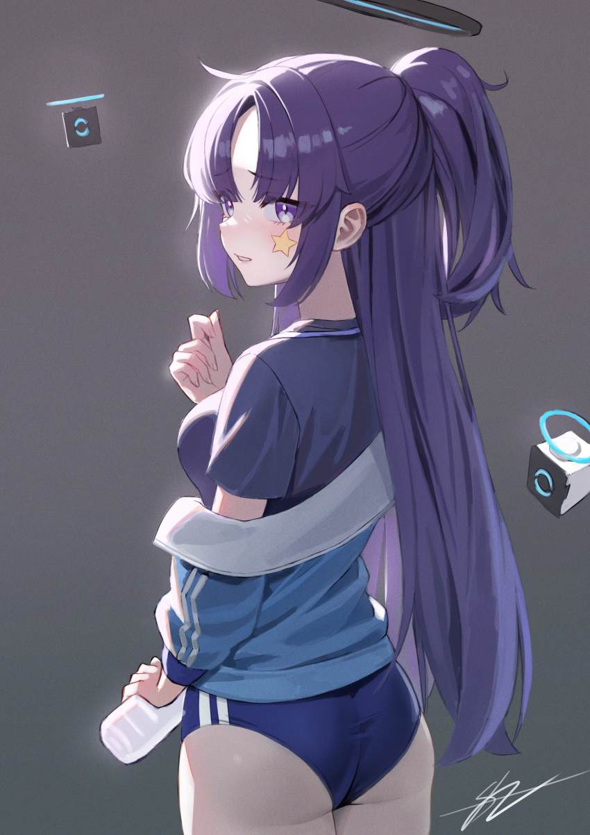 1girl absurdres ass black_shirt blue_archive blue_buruma blue_jacket blush bottle breasts buruma drone from_behind gym_shirt gym_uniform halo highres jacket jacket_partially_removed long_hair looking_at_viewer looking_back off_shoulder official_alternate_costume ponytail purple_eyes purple_hair shirt short_sleeves simple_background simsimhea solo star_sticker sticker_on_face track_jacket water_bottle yuuka_(blue_archive) yuuka_(track)_(blue_archive)