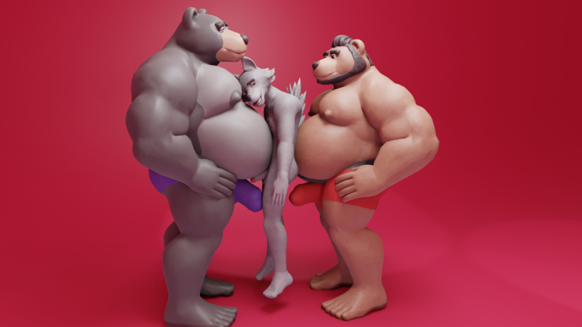 3d_(artwork) 5_toes alanottaviano anthro barazoku barefoot bear belly black_bear brown_bear brown_body brown_fur bulge canid canine canis clothing digital_media_(artwork) feet fur genitals grizzly_bear group male male/male mammal musclegut muscular muscular_anthro muscular_male overweight overweight_anthro overweight_male penis size_difference slightly_chubby toes trio ursine wolf