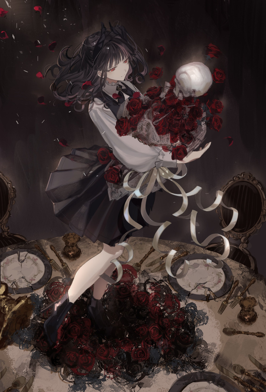 1girl absurdres black_hair boots bouquet flower fork high_heel_boots high_heels highres holding holding_bouquet knife long_hair on_table original petals plate red_eyes red_flower red_rose rose school_uniform senri_(rnd_024) skull smile solo spoon table