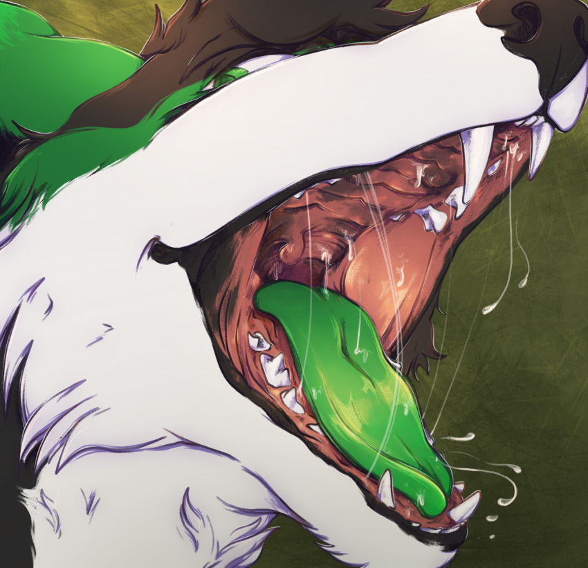 black_body black_fur black_nose bodily_fluids canid cheek_tuft dripping drooling facial_tuft fangs fur green_body green_fur green_tongue hi_res lionfloof looking_at_viewer mammal mouth_shot narrowed_eyes neck_tuft open_mouth saliva saliva_drip saliva_string simple_background solo teeth tongue tuft white_body white_fur