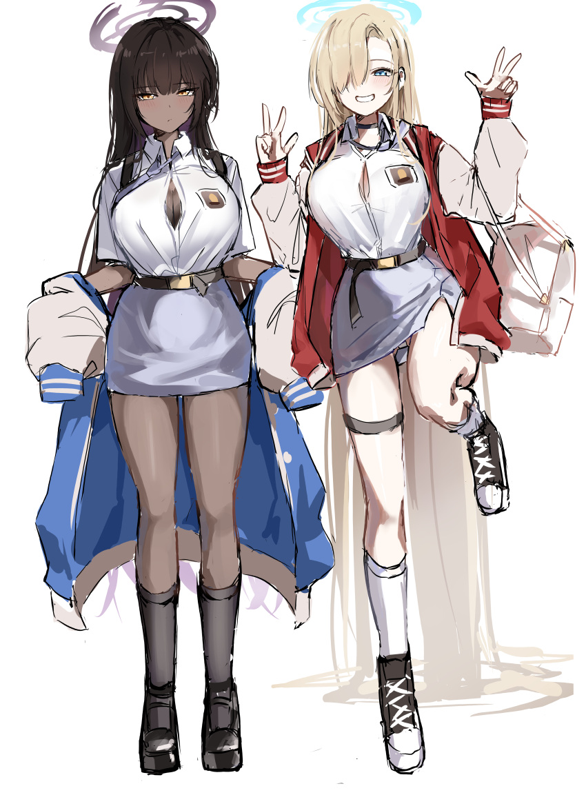 2girls absurdly_long_hair absurdres alternate_costume asuna_(blue_archive) belt black_bag black_belt black_hair black_pantyhose black_socks blonde_hair blue_archive blue_eyes blue_jacket blue_necktie blue_skirt blunt_bangs blush breasts cleavage collared_shirt dark-skinned_female dark_skin double_w full_body hair_over_one_eye halo hands_up highres indonesian_high_school_uniform jacket karin_(blue_archive) leg_up long_hair long_sleeves looking_at_viewer multicolored_clothes multicolored_jacket multiple_girls necktie open_clothes open_jacket pantyhose red_jacket school_uniform shirt shoes sidelocks skirt smile socks sstthei standing two-tone_jacket very_long_hair w white_bag white_shirt white_socks yellow_eyes