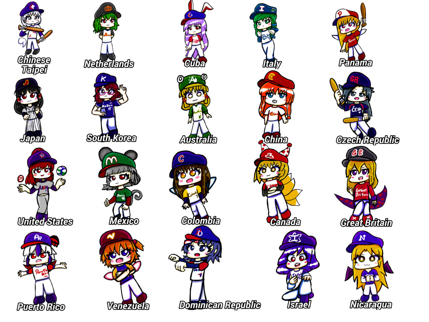 6+girls australia baseball baseball_bat baseball_cap baseball_uniform black_hair blonde_hair canada china clownpiece colombia cuba fox_tail hakurei_reimu hat hecatia_lapislazuli highres himemushi_momoyo holding holding_baseball_bat hong_meiling israel italy japan kazami_yuuka kerubin_art kochiya_sanae konpaku_youmu kurumi_(touhou) mexico miyako_yoshika moriya_suwako mouse_tail multiple_girls nazrin netherlands panama red_hair reisen_udongein_inaba simple_background south_korea sportswear star_sapphire sunny_milk tail taiwan tokiko_(touhou) touhou united_kingdom united_states usami_sumireko venezuela white_background yakumo_ran yakumo_yukari yasaka_kanako