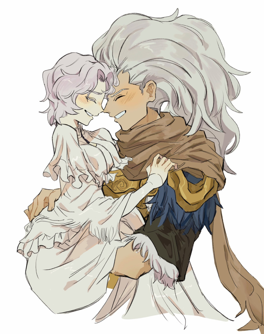 1boy 1girl aged_down blush brother_and_sister brown_scarf carrying carrying_person child cropped_torso dark_souls_(series) dark_souls_i dark_souls_iii facing_another from_side grey_hair grin highres long_hair long_sleeves nameless_king priscilla_the_crossbreed scarf short_sleeves siblings simple_background smile teeth upper_body white_background zunkome