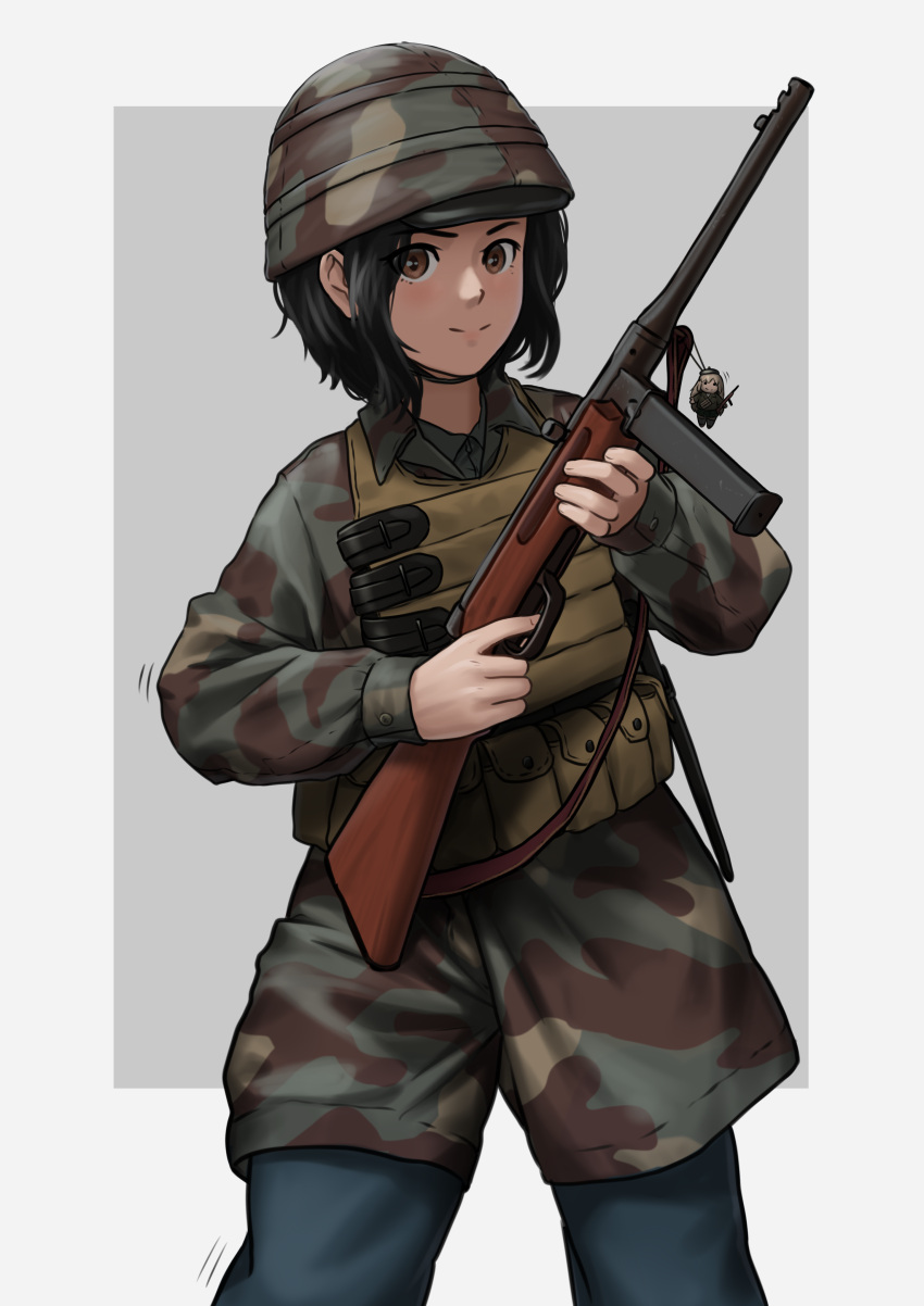 1girl absurdres ammunition_pouch belt beretta_model_38 beretta_model_38_(girls'_frontline) black_hair brown_eyes camouflage charm_(object) chibi commission english_commentary girls'_frontline gun highres italy kaibokan looking_at_viewer mab_38 military_uniform paratrooper pouch real_life soldier solo submachine_gun uniform vest weapon when_you_see_it world_war_ii