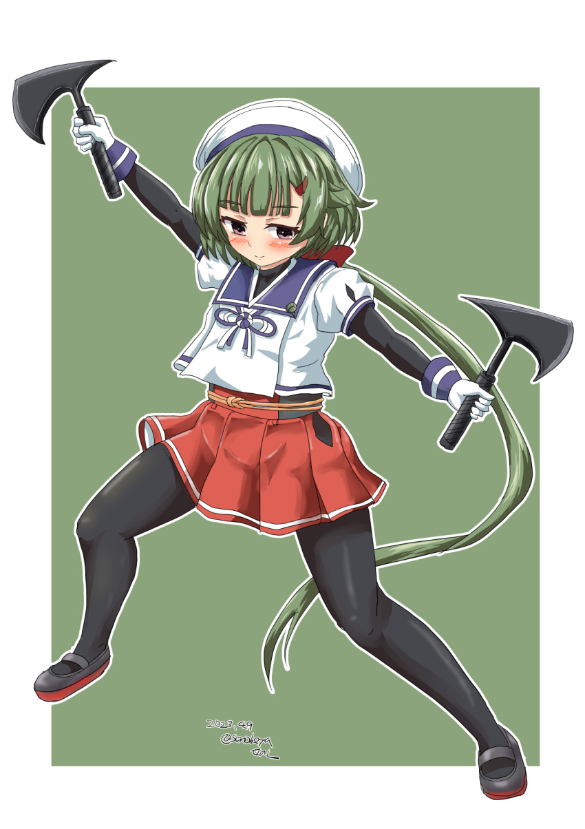 1girl axe black_pantyhose black_shirt blue_sailor_collar dual_wielding full_body gloves green_hair hat highres hip_vent holding kantai_collection long_hair low_ponytail noumi_(kancolle) one-hour_drawing_challenge pantyhose pleated_skirt purple_eyes red_skirt sailor_collar sailor_hat senon shirt skirt solo tomahawk undershirt white_gloves white_headwear white_shirt
