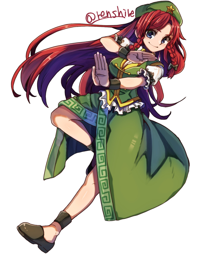 1girl beret black_footwear blue_eyes braid closed_mouth commentary full_body green_headwear green_skirt green_vest hat hat_ornament highres hong_meiling long_hair looking_at_viewer red_hair renshirenji short_sleeves side_braids simple_background skirt smile solo star_(symbol) star_hat_ornament touhou twin_braids twitter_username vest white_background wristband