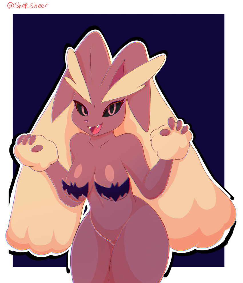 4_fingers absurd_res anthro bat_(object) breasts brown_body brown_fur female fingers fur generation_4_pokemon hi_res lagomorph looking_at_viewer lopunny mammal nintendo pink_nose pokemon pokemon_(species) red_eyes sheor smile solo yellow_body yellow_fur