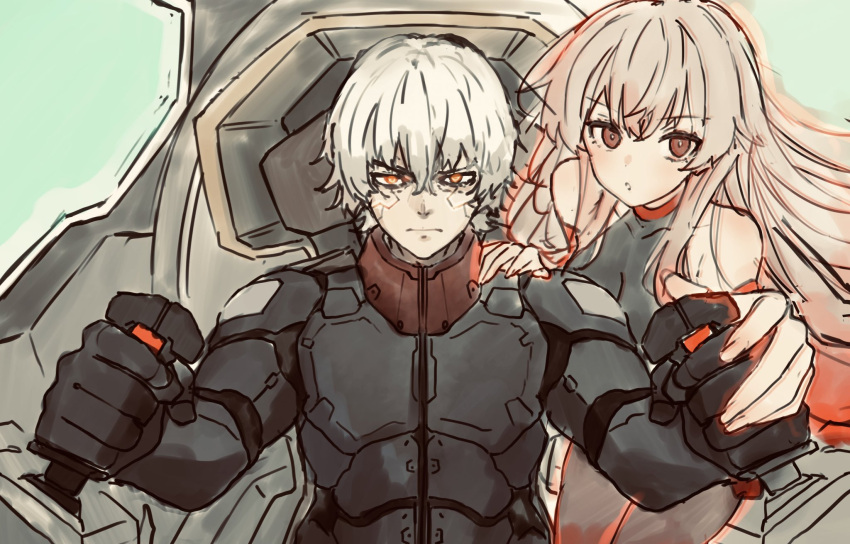 1boy 1girl 621_(armored_core_6) armored_core armored_core_6 ayre_(armored_core_6) black_gloves body_armor cockpit control_stick controller gloves glowing glowing_eyes highres holding holding_controller karuvo816 long_hair orange_eyes pilot_chair pilot_suit pink_hair red_eyes short_hair veins white_hair