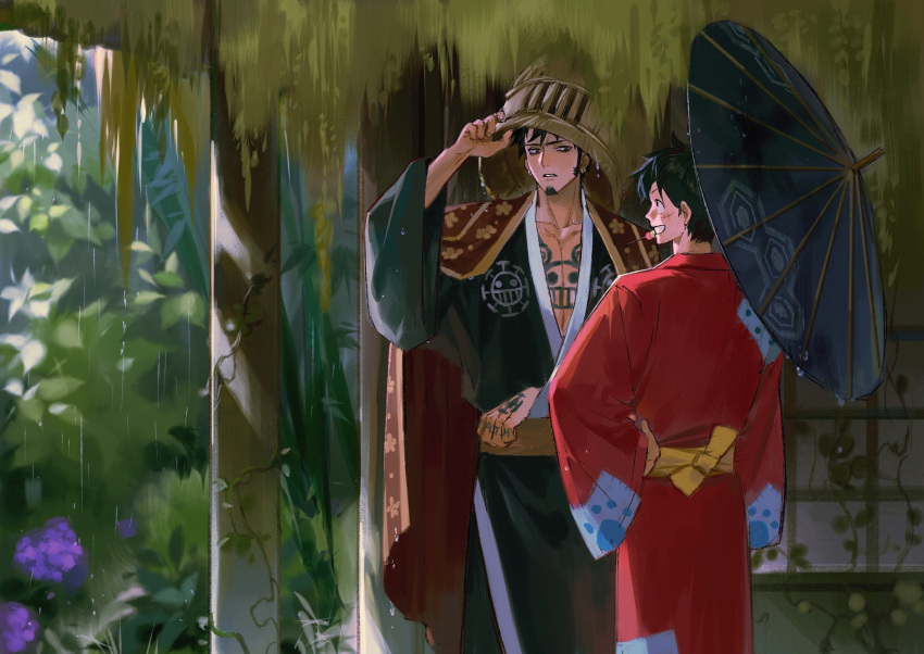 2boys black_hair black_kimono blurry blurry_background chest_tattoo dango earrings facial_hair flower food food_in_mouth goatee hand_tattoo hico_(mrhooooy) highres holding holding_umbrella japanese_clothes jewelry jolly_roger kimono long_sleeves looking_at_another monkey_d._luffy multiple_boys one_piece purple_flower rain red_kimono removing_headwear scar scar_on_face short_hair sideburns smile tattoo trafalgar_law umbrella wagashi wide_sleeves