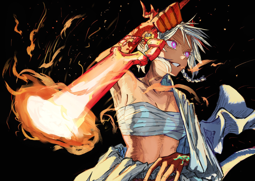 1girl aqua_pupils arknights arm_out_of_sleeve arm_up black_background braid breasts chest_sarashi colored_skin commentary_request dragon_girl dragon_horns dragon_tail drawing_sword embers fire flame floating_hair from_side grin hadanugi_dousa highres holding holding_sword holding_weapon horns japanese_clothes kimono looking_ahead materializing medium_breasts midriff multicolored_hair multicolored_skin nian_(arknights) pink_eyes rakugaki_shiho red_hair red_skin reverse_grip sarashi short_hair side_braid smile solo streaked_hair sword tail upper_body weapon white_hair white_kimono