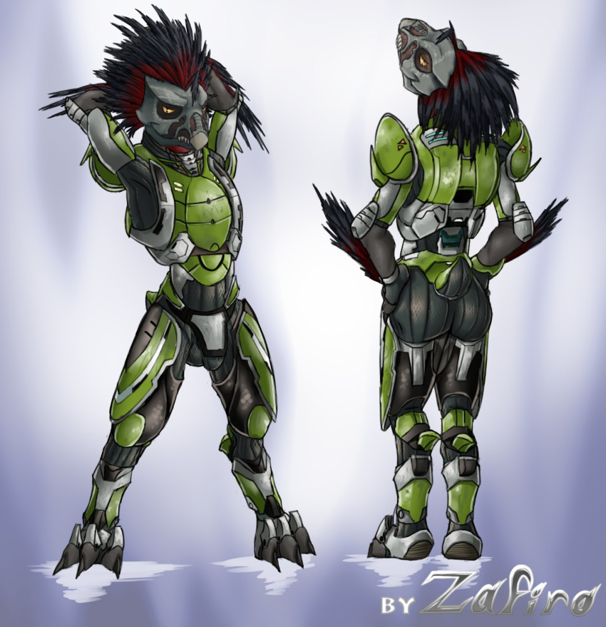 3_toes alien anthro arm_tuft armor avian balls_outline beak breastplate bulge butt claws codpiece colored cuisse digitigrade dipstick_feathers fangs feather_hair feather_tuft feathered_crest feathers feet genital_outline green_armor grey_body grey_feathers halo_(series) hand_on_hip hands_behind_head hands_on_hips head_crest hi_res kig-yar looking_at_viewer looking_back looking_back_at_viewer male microsoft pauldron penis_outline pseudo_hair pupils raised_arms rear_view red_body red_feathers scalie shaded short_tail simple_background slit_pupils smile solo standing t'vaoan tail teeth toe_claws toes tuft xbox_game_studios yellow_eyes zafiro_rosso_(artist)
