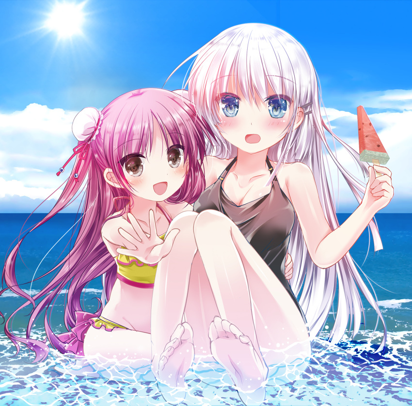 2girls :d asahina_yori bare_arms barefoot bikini black_one-piece_swimsuit blue_eyes blue_sky blunt_ends blush breasts child cleavage cloud collarbone commentary_request convenient_leg day double_bun eyelashes eyes_visible_through_hair feet floating_hair food frilled_bikini frills full_body grey_eyes groin hair_between_eyes hair_bun hair_ornament hairclip halterneck happy highres holding holding_food holding_ice_cream ice_cream katou_umi knees_together_feet_apart knees_up large_breasts long_hair looking_at_viewer multiple_girls naruse_shiroha ocean one-piece_swimsuit open_hand open_mouth outdoors popsicle purple_hair shiny_skin sitting sky smile soles summer summer_pockets sun swimsuit toes very_long_hair watermelon_bar waves white_hair yellow_bikini