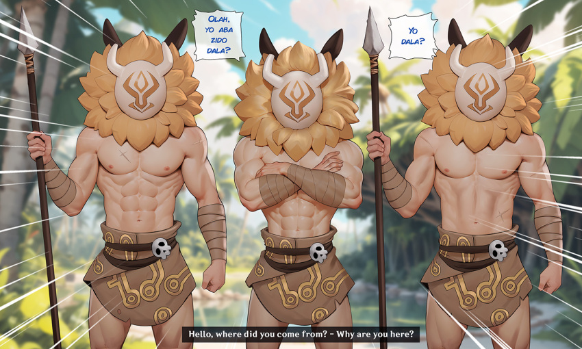 3boys abs alexander_dinh bandaged_arm bandages brown_skirt cowboy_shot crossed_arms day emphasis_lines english_text facing_viewer genshin_impact holding holding_polearm holding_weapon mask multiple_boys muscular muscular_male navel outdoors palm_tree polearm skirt skull_ornament stomach tree weapon