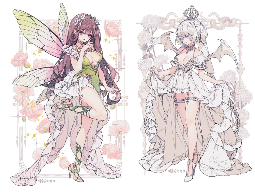 2girls anklet blue_eyes braid breasts brown_hair cleavage_cutout clothes_lift clothing_cutout crown demon_girl demon_wings detached_collar double-parted_bangs dress dress_lift embroidery fairy fairy_wings fashion flower frilled_dress frilled_sleeves frills full_body garter_straps gold_headband green_dress green_socks hair_flower hair_ornament high_heels horns jewelry large_breasts lemon89h long_hair looking_at_viewer medium_breasts multiple_girls off-shoulder_dress off_shoulder orange_eyes original pink_flower side_braid socks standing twin_braids twintails very_long_hair white_dress white_footwear white_hair wings yellow_footwear