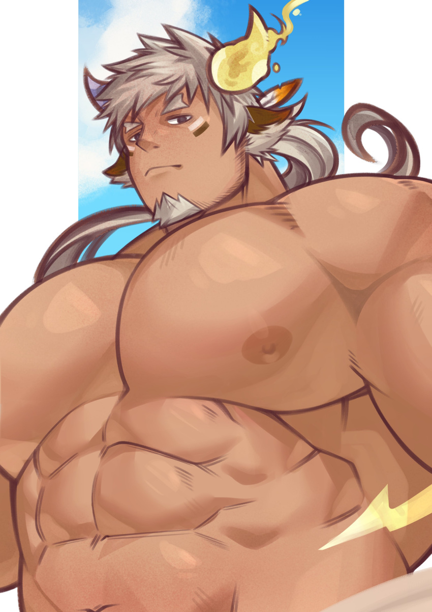 1boy abs absurdres animal_ears bara beard blue_sky brown_eyes closed_mouth cow_ears cow_horns expressionless facial_hair gafou01 grey_hair highres horns huge_pectorals large_pectorals looking_at_viewer male_focus muscular muscular_male navel nipples pectorals sideburns sky solo tan tokyo_afterschool_summoners upper_body wakan_tanka wakan_tanka_mugen