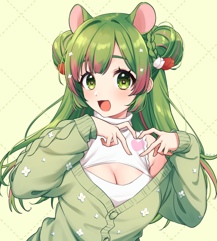 1girl absurdres animal_ears braid breasts clothing_cutout double_bun green_eyes green_hair green_sweater hair_bun hamster_ears heart heart_hands highres indie_virtual_youtuber long_hair long_sleeves medium_breasts multicolored_hair open_mouth pink_hair sakura_chiyo_(konachi000) solo sumi_(game_onna) sweater symbol-shaped_pupils turtleneck